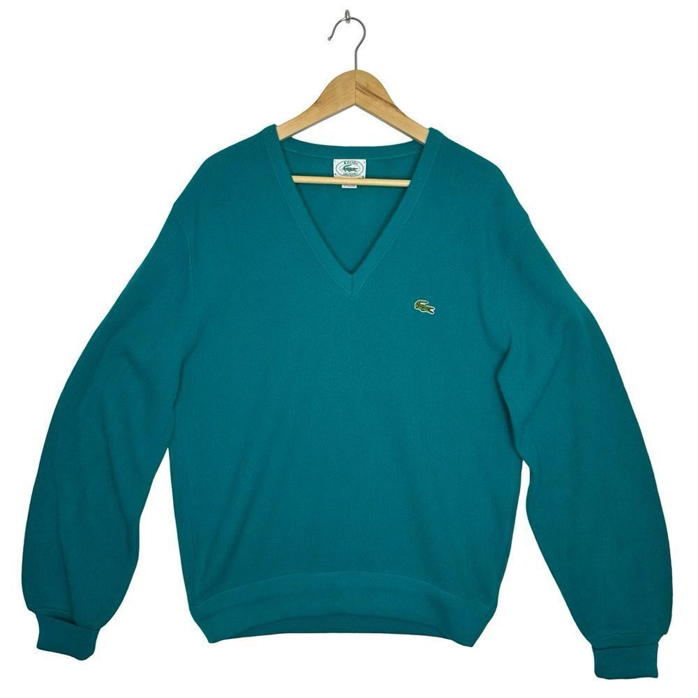 IZOD LACOSTE Vintage Teal Green Blue V-Neck Sweater Size Large